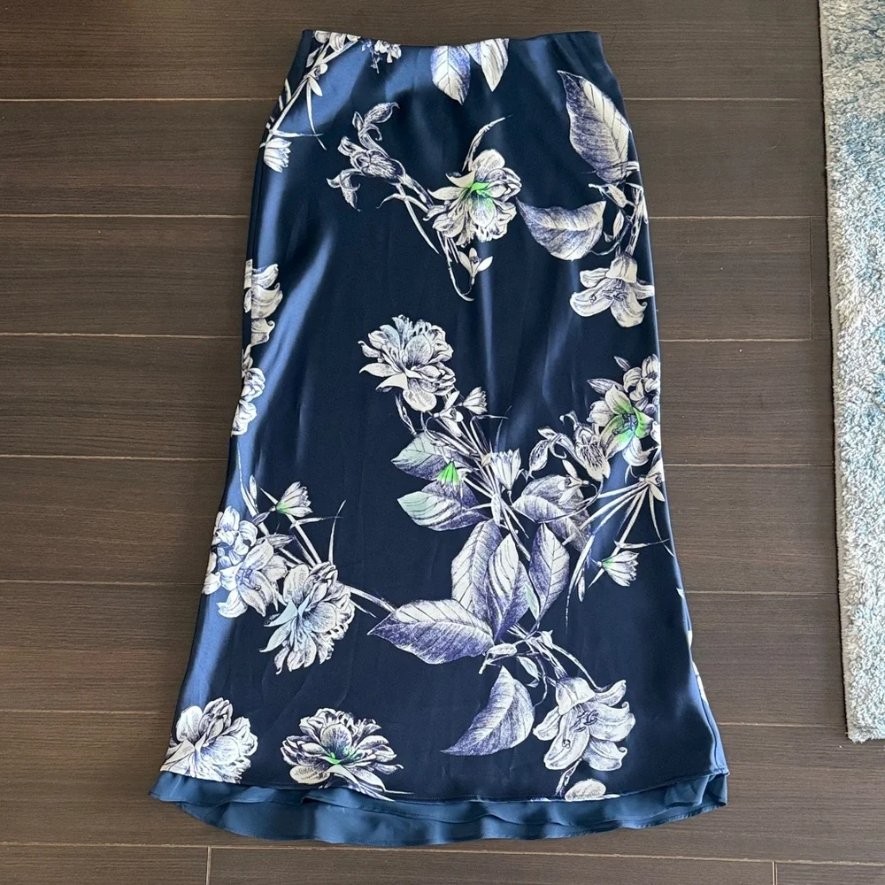ZARA Floral Navy Silk Blue Skirt